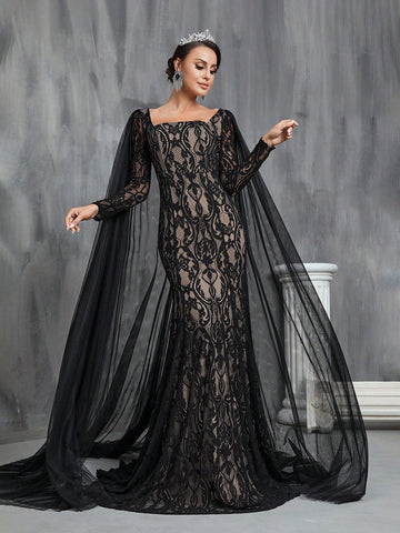 Square Neckline Lace Mermaid Wedding Dress