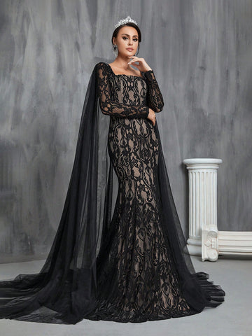 Square Neckline Lace Mermaid Wedding Dress