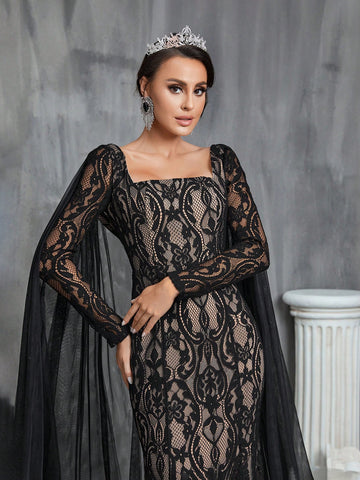 Square Neckline Lace Mermaid Wedding Dress