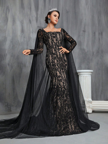 Square Neckline Lace Mermaid Wedding Dress