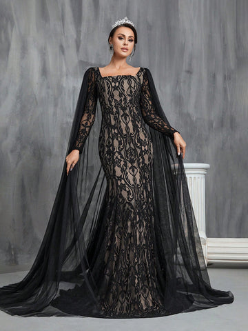 Square Neckline Lace Mermaid Wedding Dress