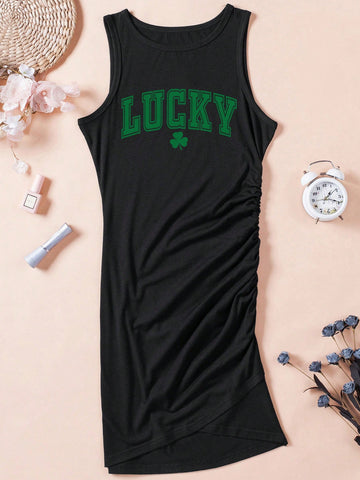 St. Patrick's Day Letter Print Ruched Tulip Hem Bodycon Dress
