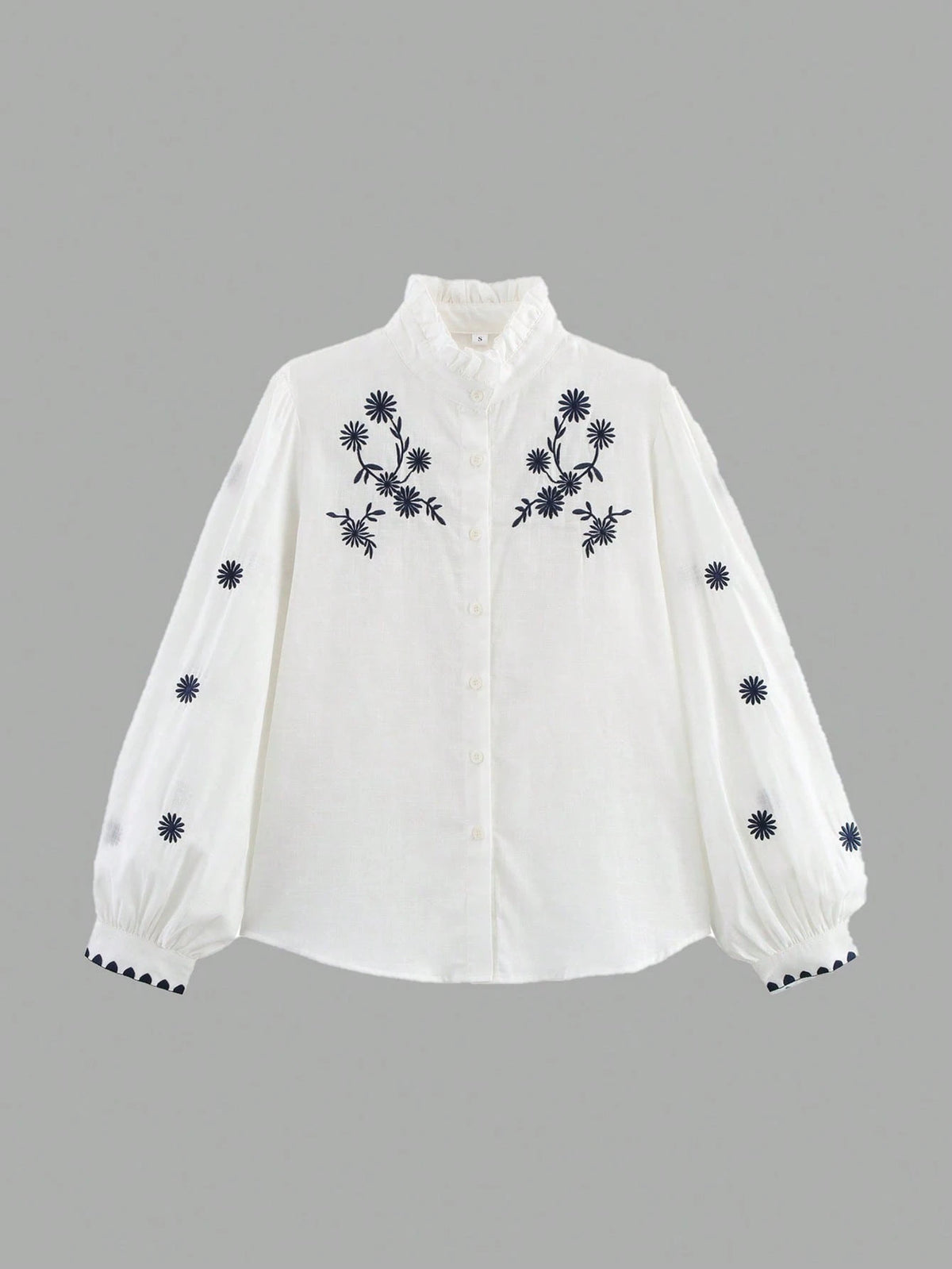 Stand Collar Plant Embroidery Long Sleeve Single-Breasted Shirt, Spring & Autumn