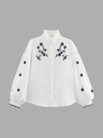 Stand Collar Plant Embroidery Long Sleeve Single-Breasted Shirt, Spring & Autumn