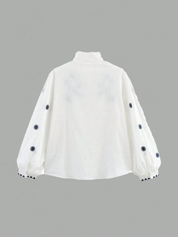 Stand Collar Plant Embroidery Long Sleeve Single-Breasted Shirt, Spring & Autumn