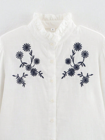 Stand Collar Plant Embroidery Long Sleeve Single-Breasted Shirt, Spring & Autumn