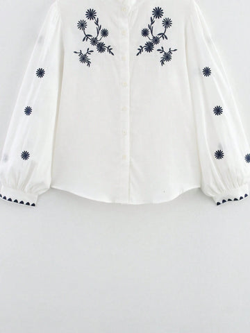 Stand Collar Plant Embroidery Long Sleeve Single-Breasted Shirt, Spring & Autumn