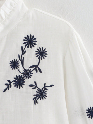 Stand Collar Plant Embroidery Long Sleeve Single-Breasted Shirt, Spring & Autumn