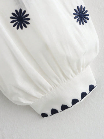 Stand Collar Plant Embroidery Long Sleeve Single-Breasted Shirt, Spring & Autumn