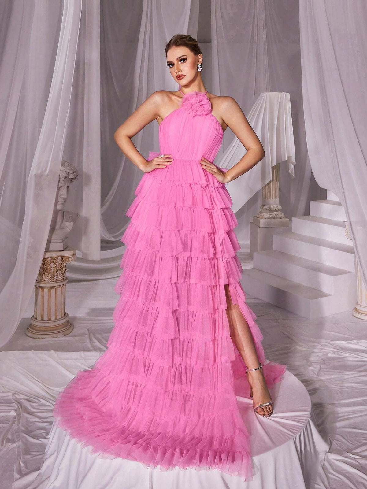 Stereo Flower Halter Strap Mesh Cake Dress