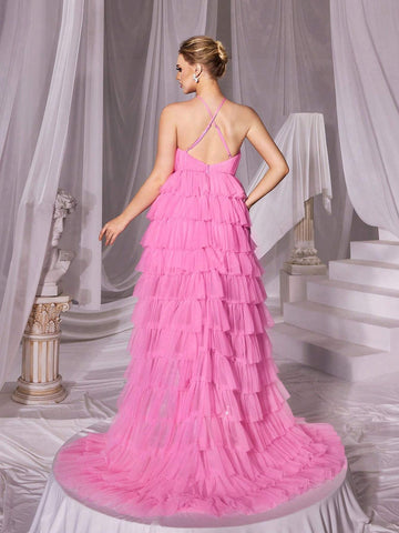 Stereo Flower Halter Strap Mesh Cake Dress