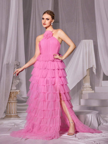 Stereo Flower Halter Strap Mesh Cake Dress