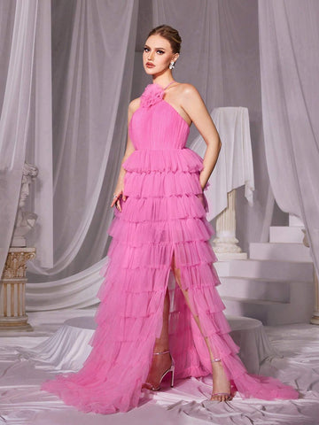 Stereo Flower Halter Strap Mesh Cake Dress