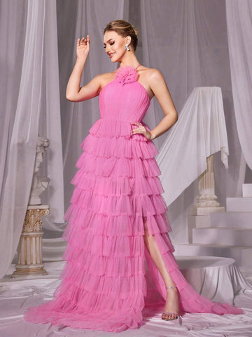 Stereo Flower Halter Strap Mesh Cake Dress