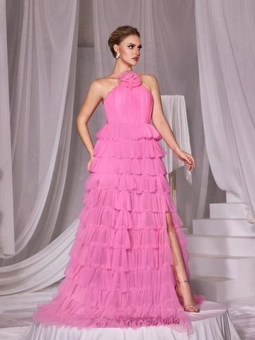 Stereo Flower Halter Strap Mesh Cake Dress