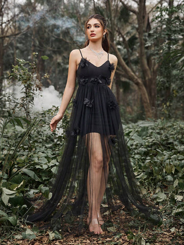 Stereo Flower Mesh Cami Party Dress