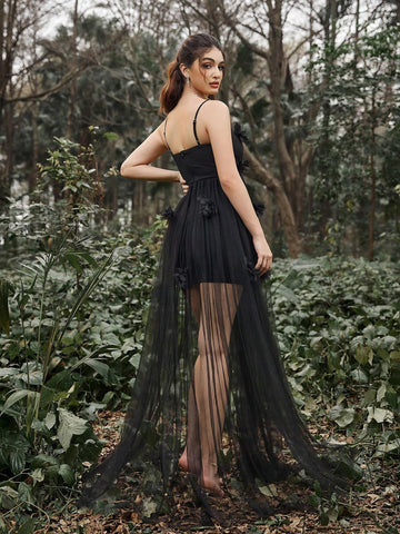 Stereo Flower Mesh Cami Party Dress