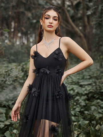 Stereo Flower Mesh Cami Party Dress