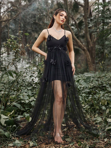 Stereo Flower Mesh Cami Party Dress