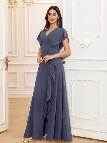 Stormy A-Line V-Neck Floor-Length Chiffon Formal Bridesmaid Dress With Ruffle