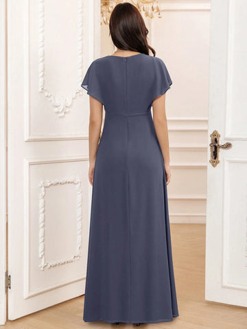 Stormy A-Line V-Neck Floor-Length Chiffon Formal Bridesmaid Dress With Ruffle