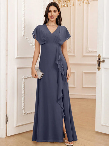 Stormy A-Line V-Neck Floor-Length Chiffon Formal Bridesmaid Dress With Ruffle