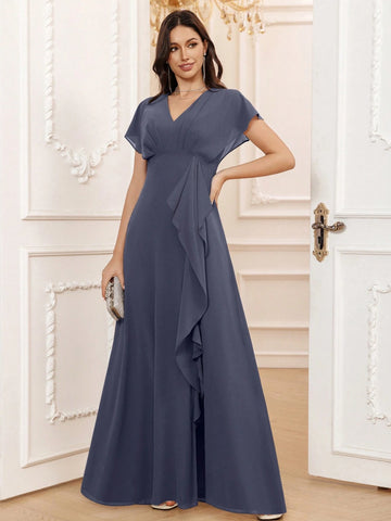 Stormy A-Line V-Neck Floor-Length Chiffon Formal Bridesmaid Dress With Ruffle