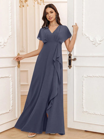 Stormy A-Line V-Neck Floor-Length Chiffon Formal Bridesmaid Dress With Ruffle