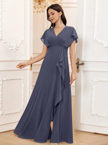 Stormy A-Line V-Neck Floor-Length Chiffon Formal Bridesmaid Dress With Ruffle
