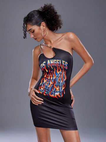 Straight Ahead Casual Printed Chain Shoulder Strap Slim Fit Crop Dress For Women