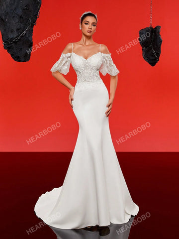 Strapless Beaded And Sheer Waist Wedding Dress With Train