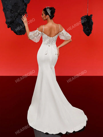 Strapless Beaded And Sheer Waist Wedding Dress With Train