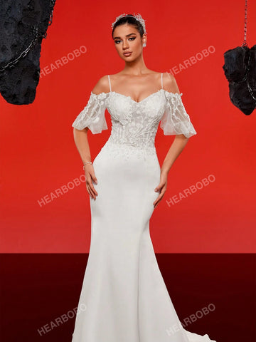 Strapless Beaded And Sheer Waist Wedding Dress With Train