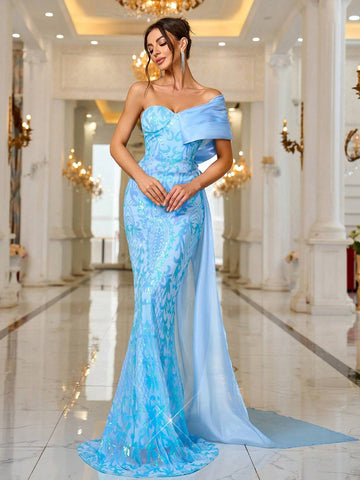 Strapless Bodycon Glitter Evening Gown