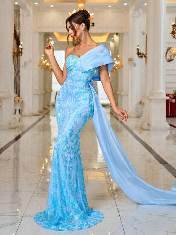 Strapless Bodycon Glitter Evening Gown