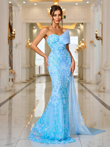 Strapless Bodycon Glitter Evening Gown