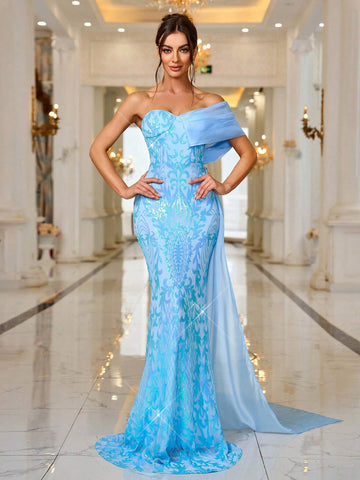 Strapless Bodycon Glitter Evening Gown