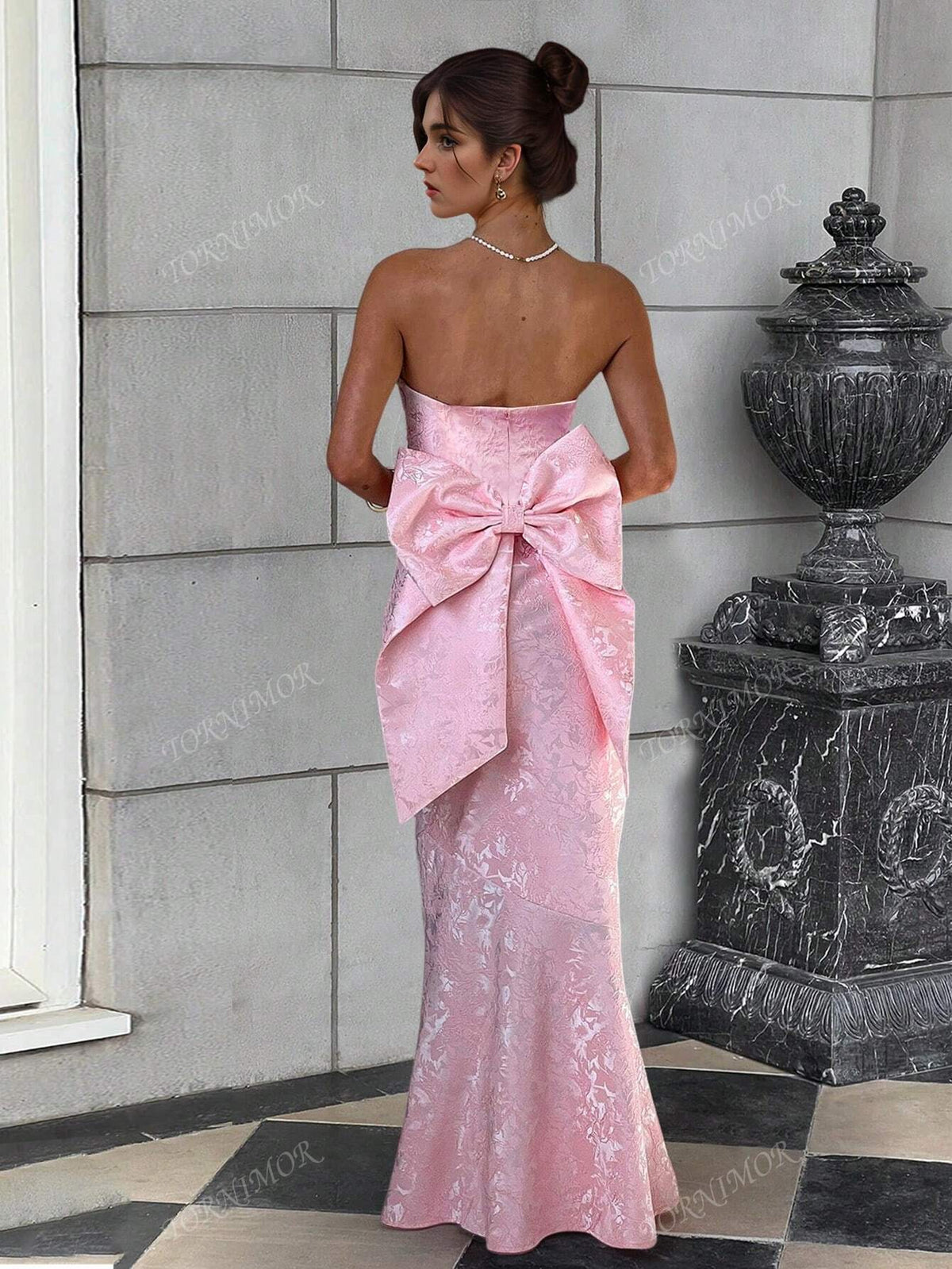 Strapless Dress With Large Bow Tie & Mermaid Hem, For Gala Party Event