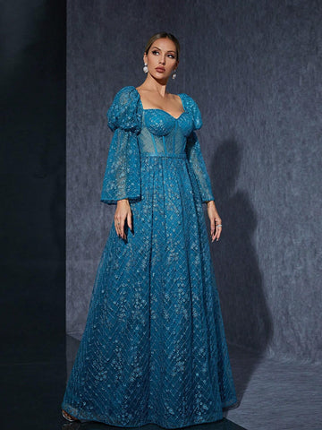Strapless Embroidered Lace Lantern Sleeve High-End Evening Dress