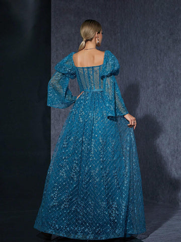 Strapless Embroidered Lace Lantern Sleeve High-End Evening Dress