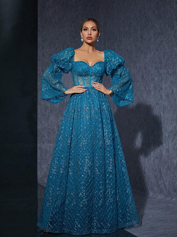 Strapless Embroidered Lace Lantern Sleeve High-End Evening Dress