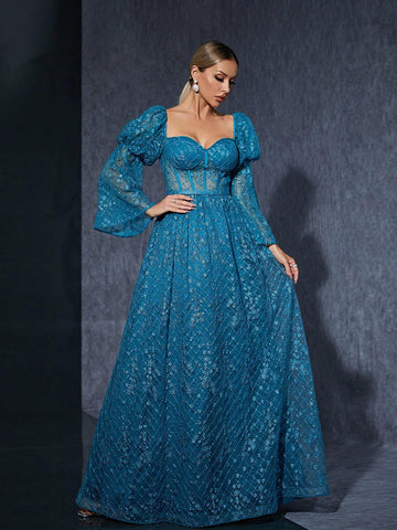 Strapless Embroidered Lace Lantern Sleeve High-End Evening Dress