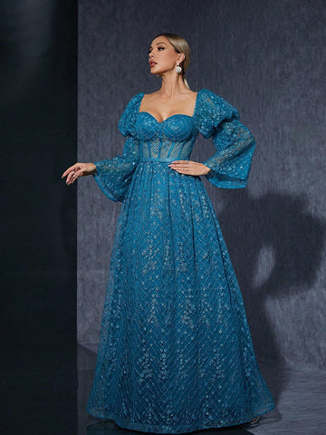 Strapless Embroidered Lace Lantern Sleeve High-End Evening Dress