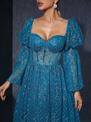 Strapless Embroidered Lace Lantern Sleeve High-End Evening Dress