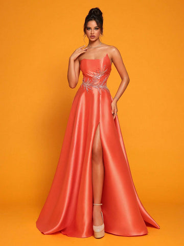 Strapless Orange Satin High-Waisted Evening Party Dress