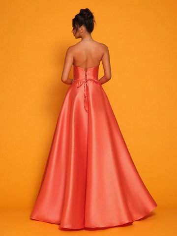 Strapless Orange Satin High-Waisted Evening Party Dress
