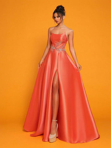 Strapless Orange Satin High-Waisted Evening Party Dress