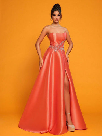 Strapless Orange Satin High-Waisted Evening Party Dress