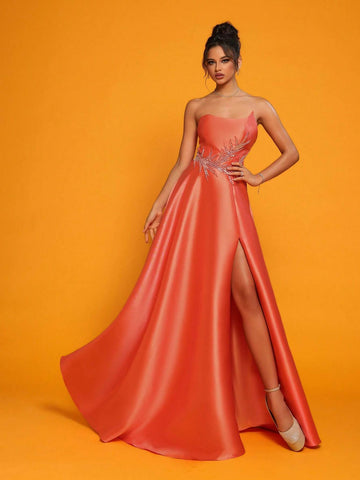 Strapless Orange Satin High-Waisted Evening Party Dress