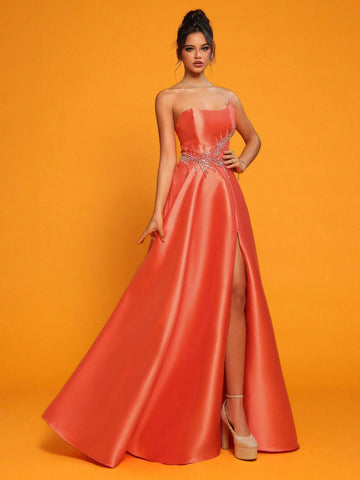 Strapless Orange Satin High-Waisted Evening Party Dress